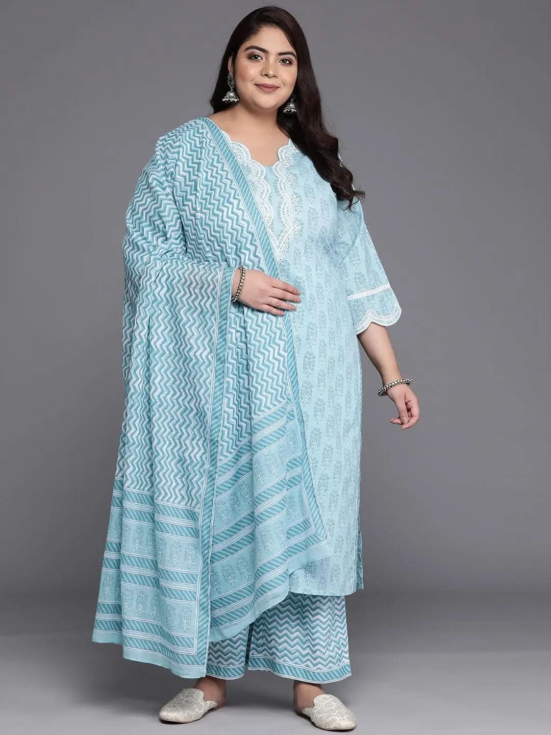 Plus Size Blue Embroidered Cotton Straight Kurta With Trousers & Dupatta
Plus Size Blue Embroidered Cotton Straight Kurta With Trousers & Dupatta