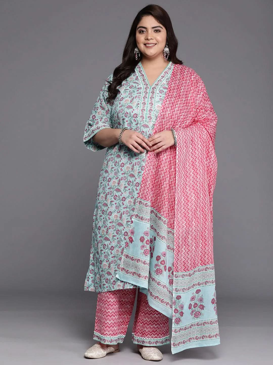 Plus Size Blue Printed Cotton A-Line Kurta With Trousers & Dupatta
Plus Size Blue Printed Cotton A-Line Kurta With Trousers & Dupatta