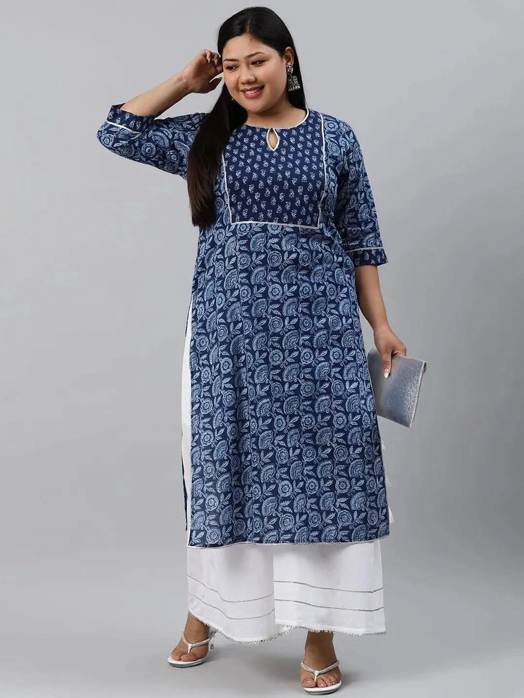 Plus Size Blue Printed Cotton Kurta - Libas