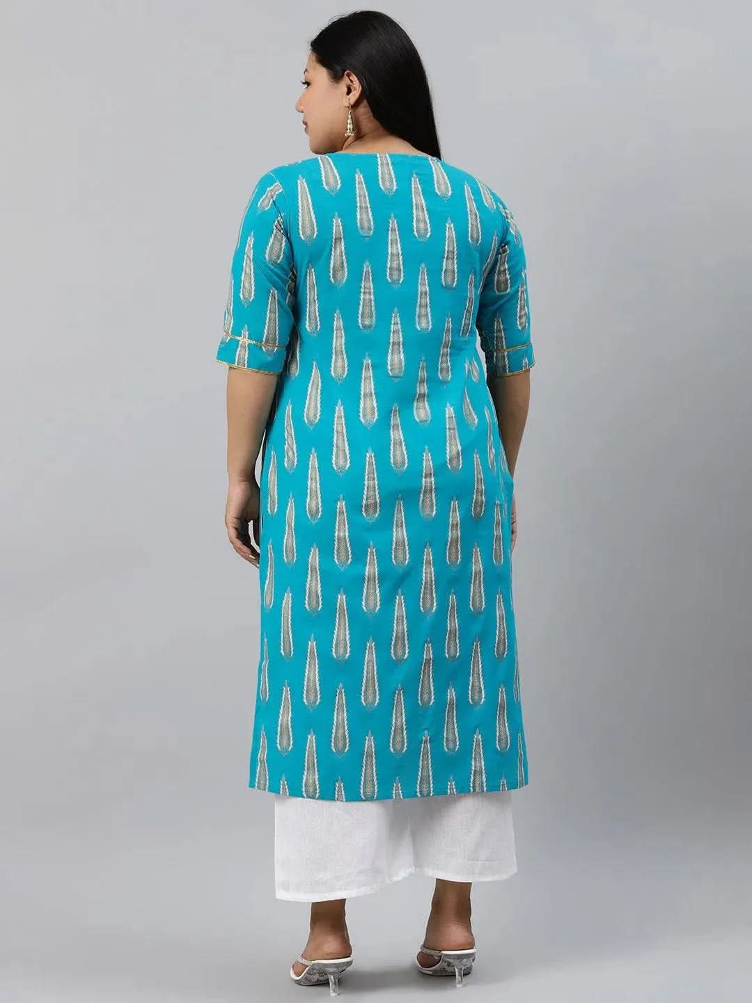 Plus Size Blue Printed Cotton Kurta - Libas