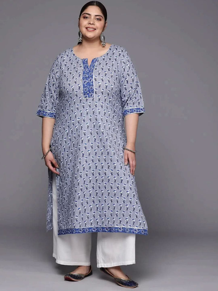 Plus Size Blue Printed Cotton Straight Kurta - Libas