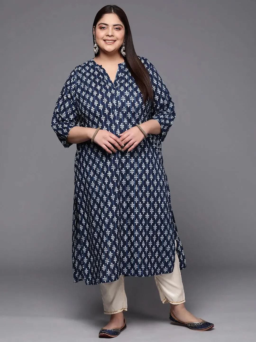 Plus Size Blue Printed Cotton Straight Kurta - Libas