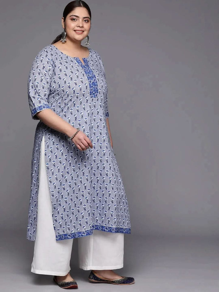 Plus Size Blue Printed Cotton Straight Kurta - Libas