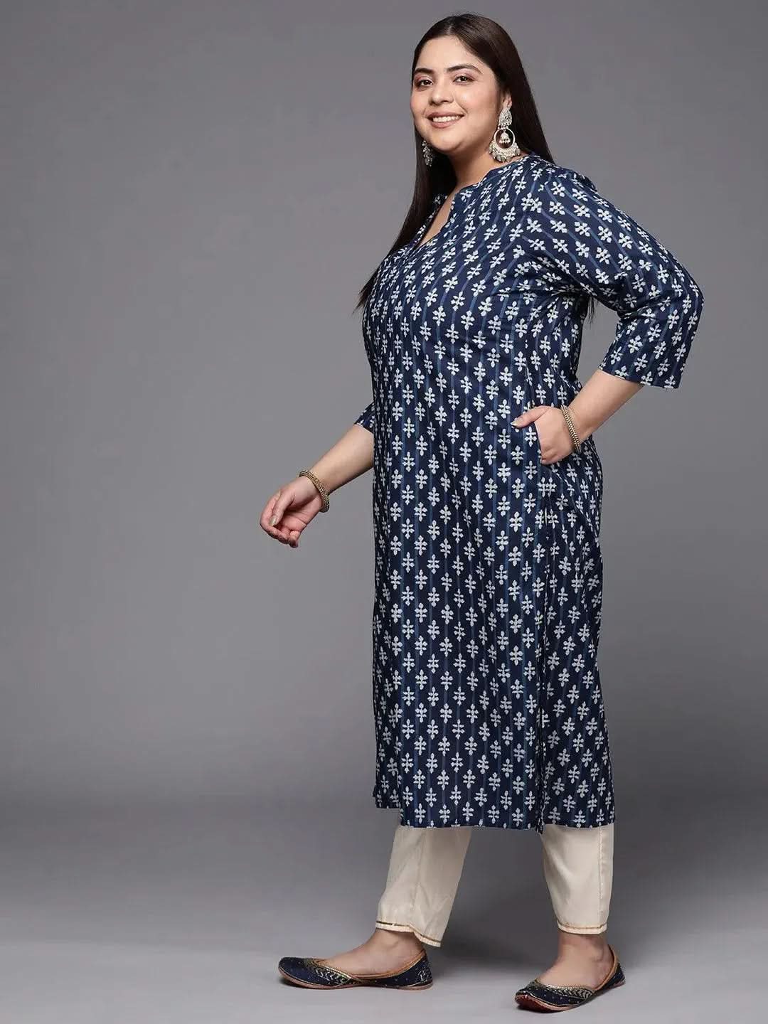 Plus Size Blue Printed Cotton Straight Kurta - Libas