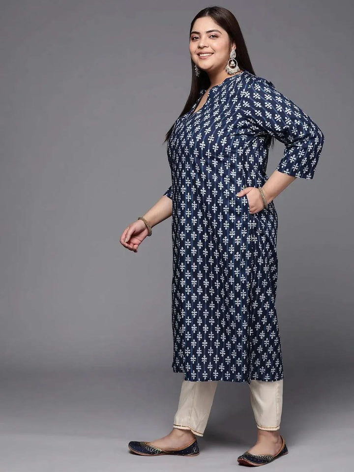 Plus Size Blue Printed Cotton Straight Kurta - Libas