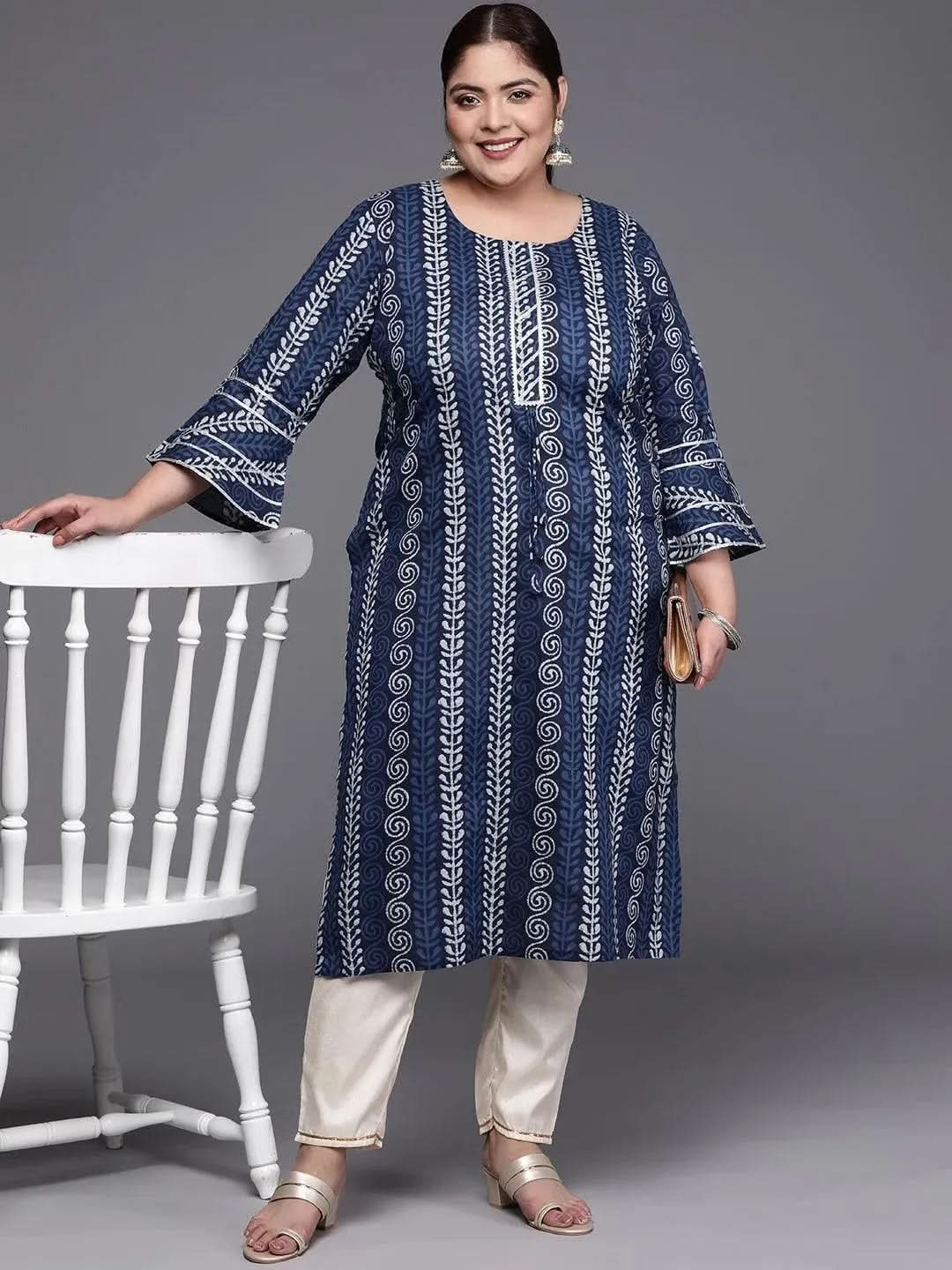Plus Size Blue Printed Cotton Straight Kurta - Libas