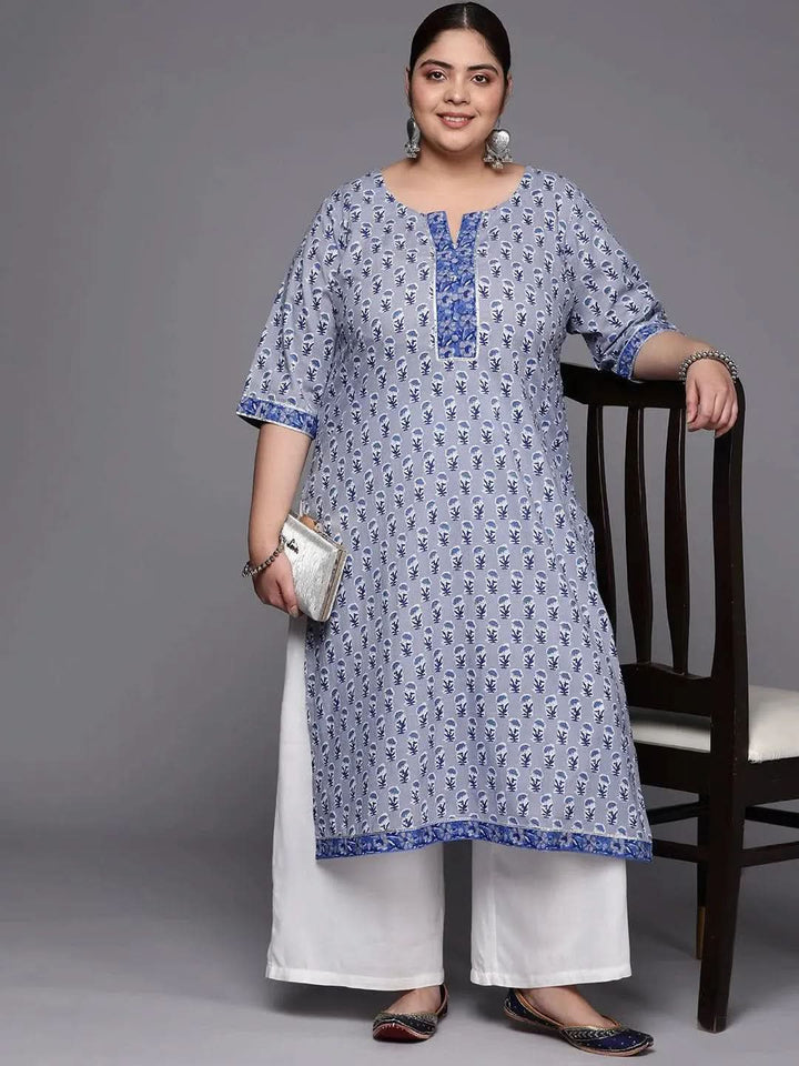 Plus Size Blue Printed Cotton Straight Kurta - Libas
