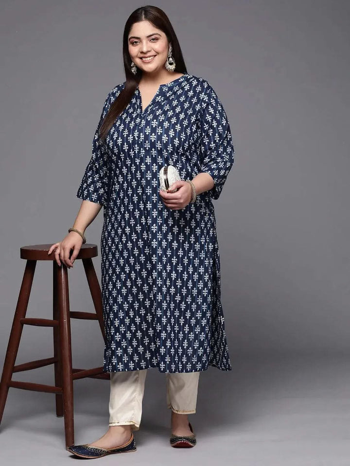 Plus Size Blue Printed Cotton Straight Kurta - Libas