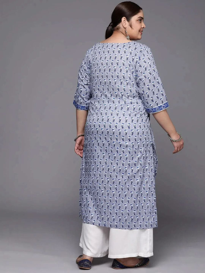 Plus Size Blue Printed Cotton Straight Kurta - Libas