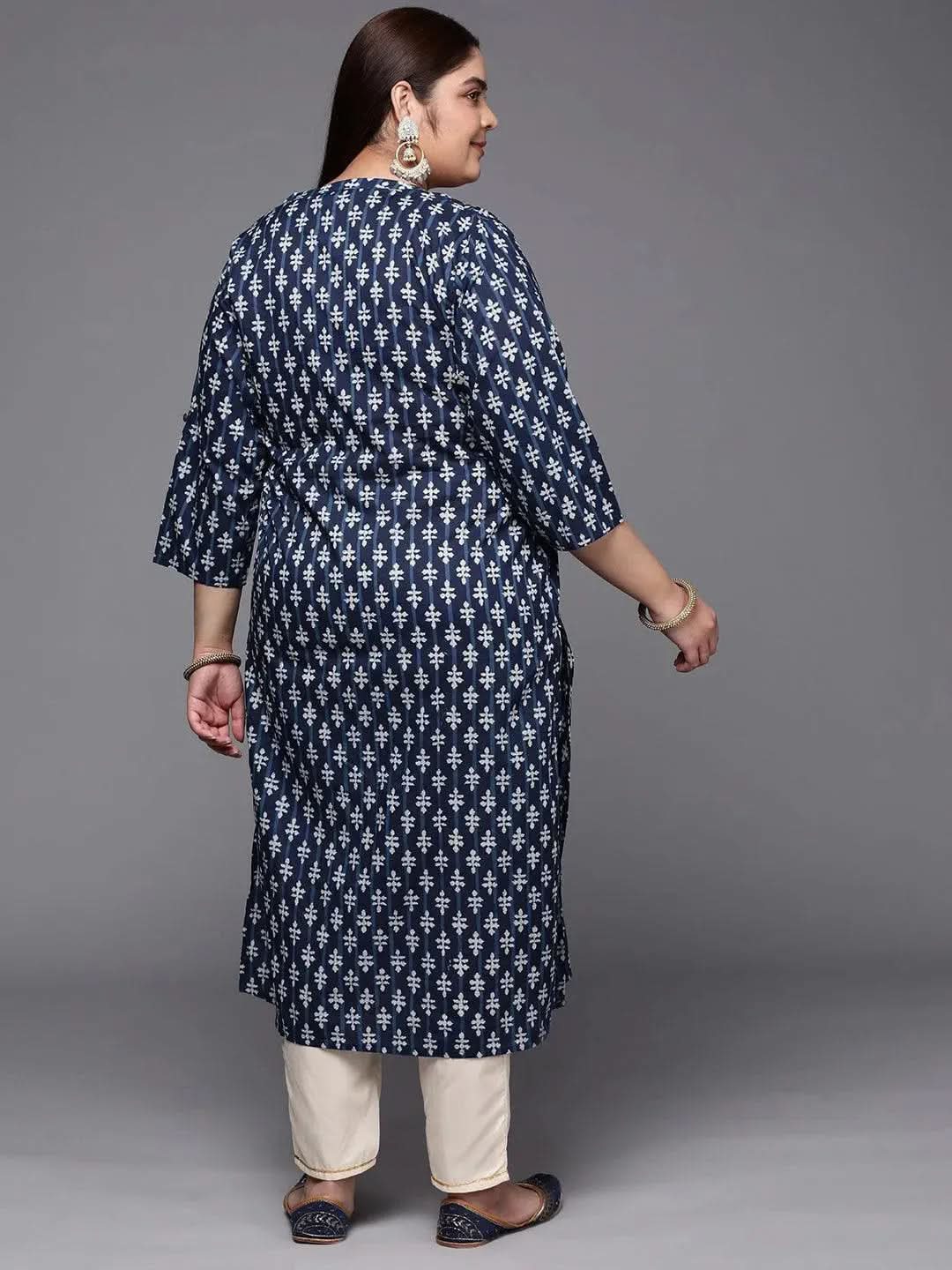 Plus Size Blue Printed Cotton Straight Kurta - Libas