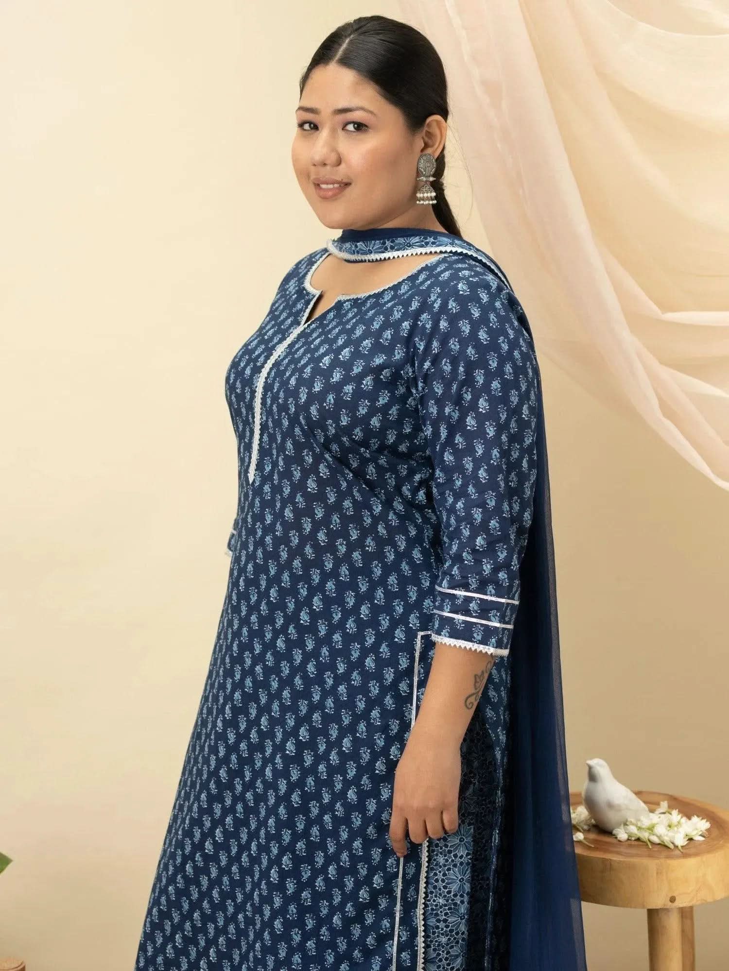 Plus Size Blue Printed Cotton Straight Kurta With Palazzos & Dupatta
Plus Size Blue Printed Cotton Straight Kurta With Palazzos & Dupatta