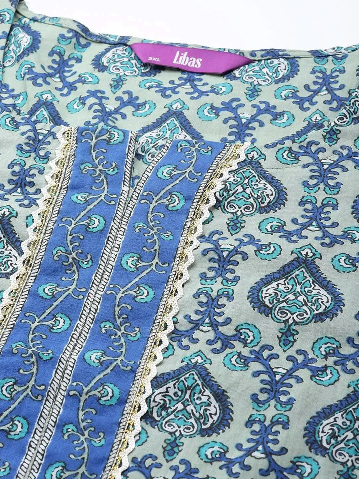 Plus Size Blue Printed Cotton Suit Set - Libas