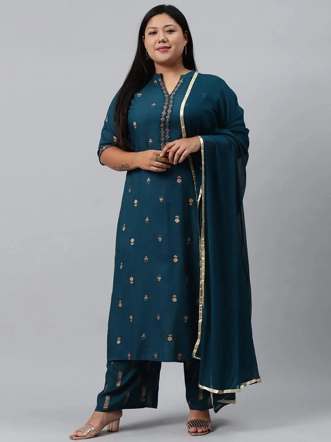 Plus Size Blue Printed Rayon Suit Set - Libas