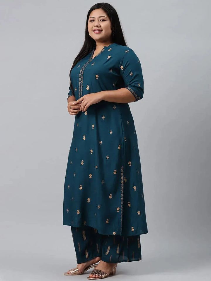 Plus Size Blue Printed Rayon Suit Set - Libas