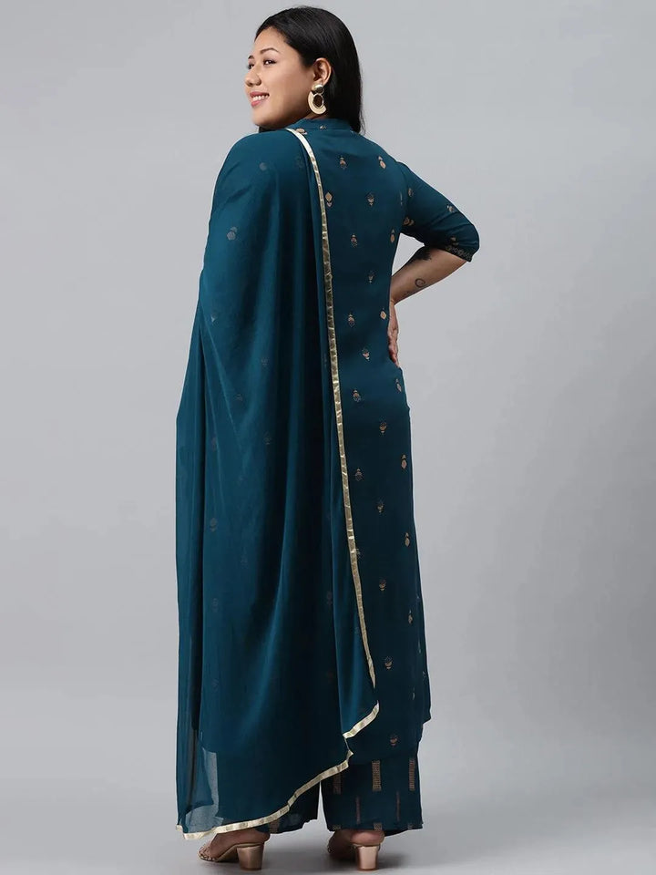 Plus Size Blue Printed Rayon Suit Set - Libas