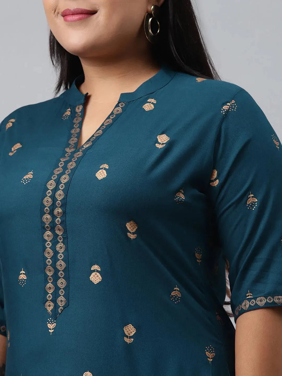 Plus Size Blue Printed Rayon Suit Set - Libas
