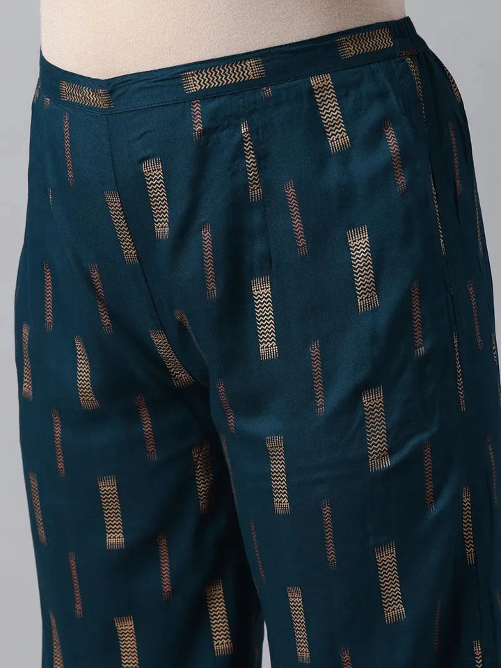 Plus Size Blue Printed Rayon Suit Set - Libas