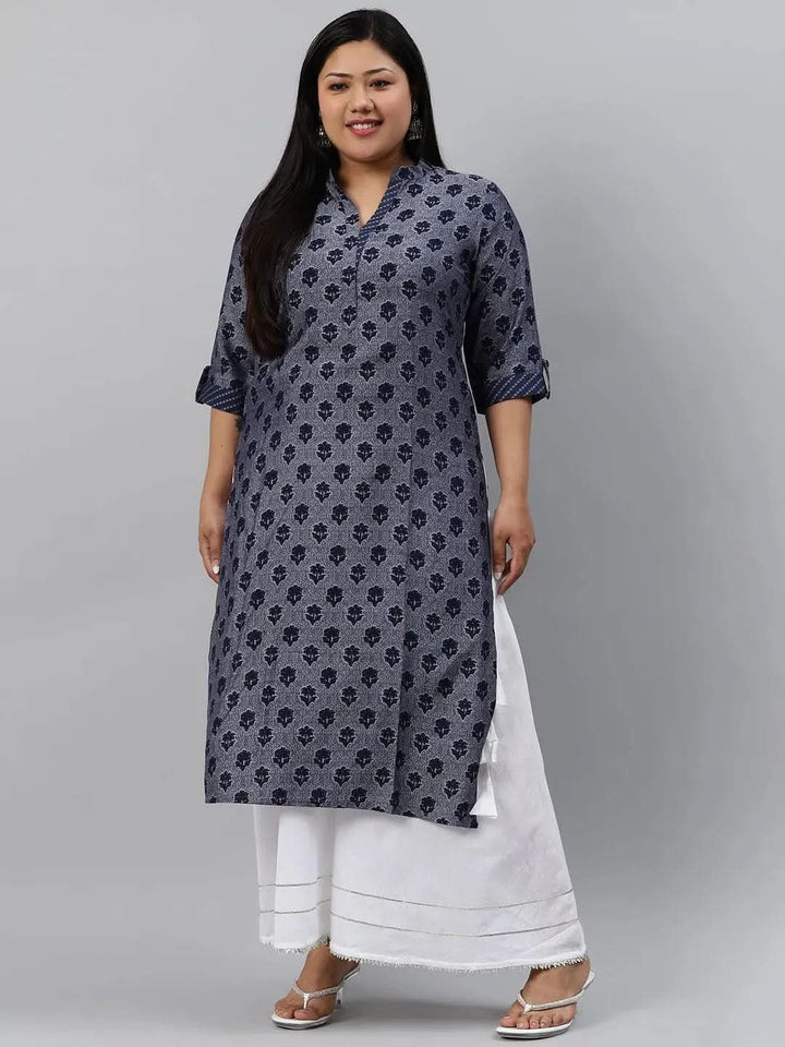 Plus Size Blue Printed Rayon Kurta - Libas