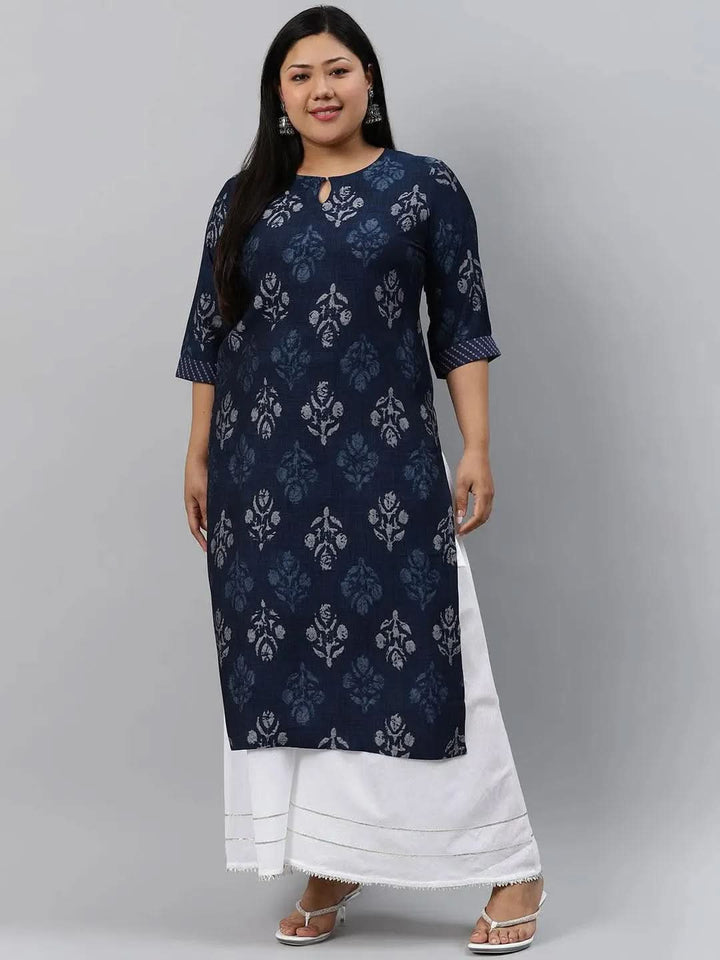 Plus Size Blue Printed Rayon Kurta - Libas