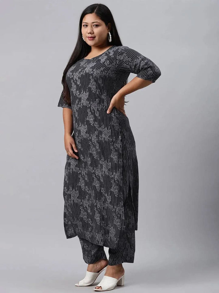 Plus Size Blue Printed Rayon Kurta - Libas