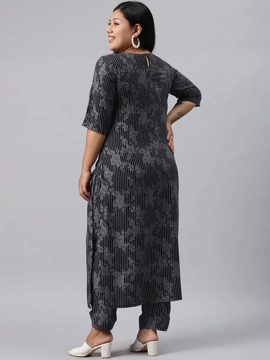 Plus Size Blue Printed Rayon Kurta - Libas