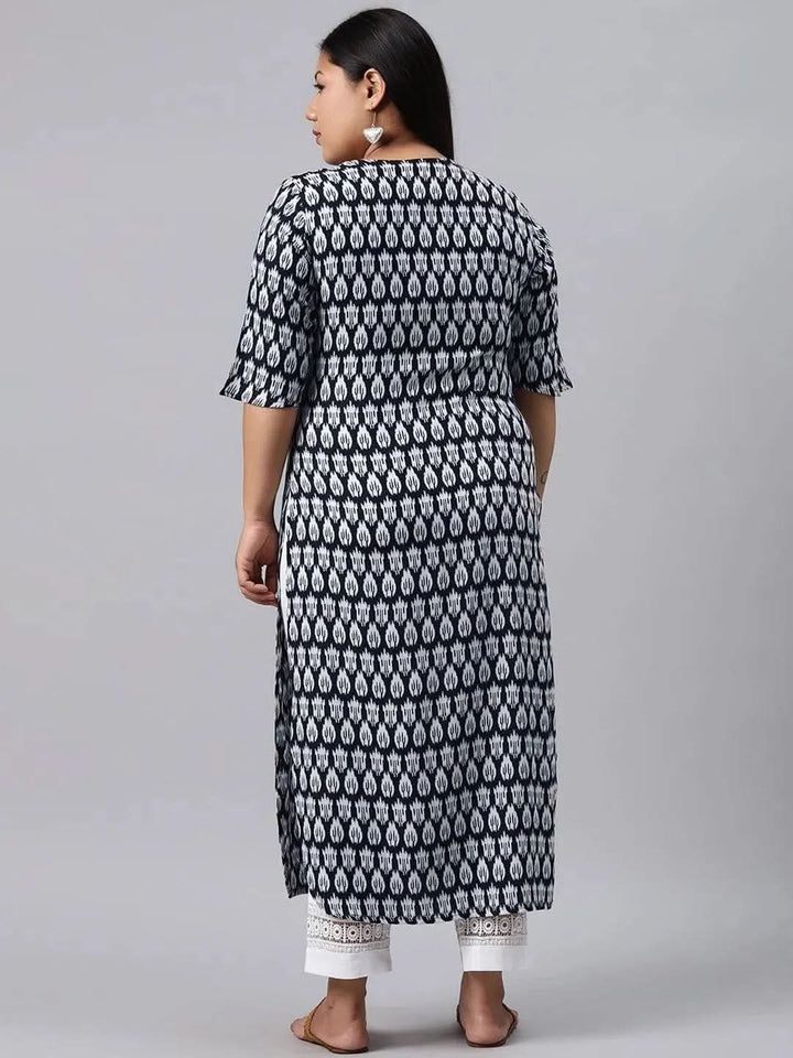 Plus Size Blue Printed Rayon Kurta - Libas