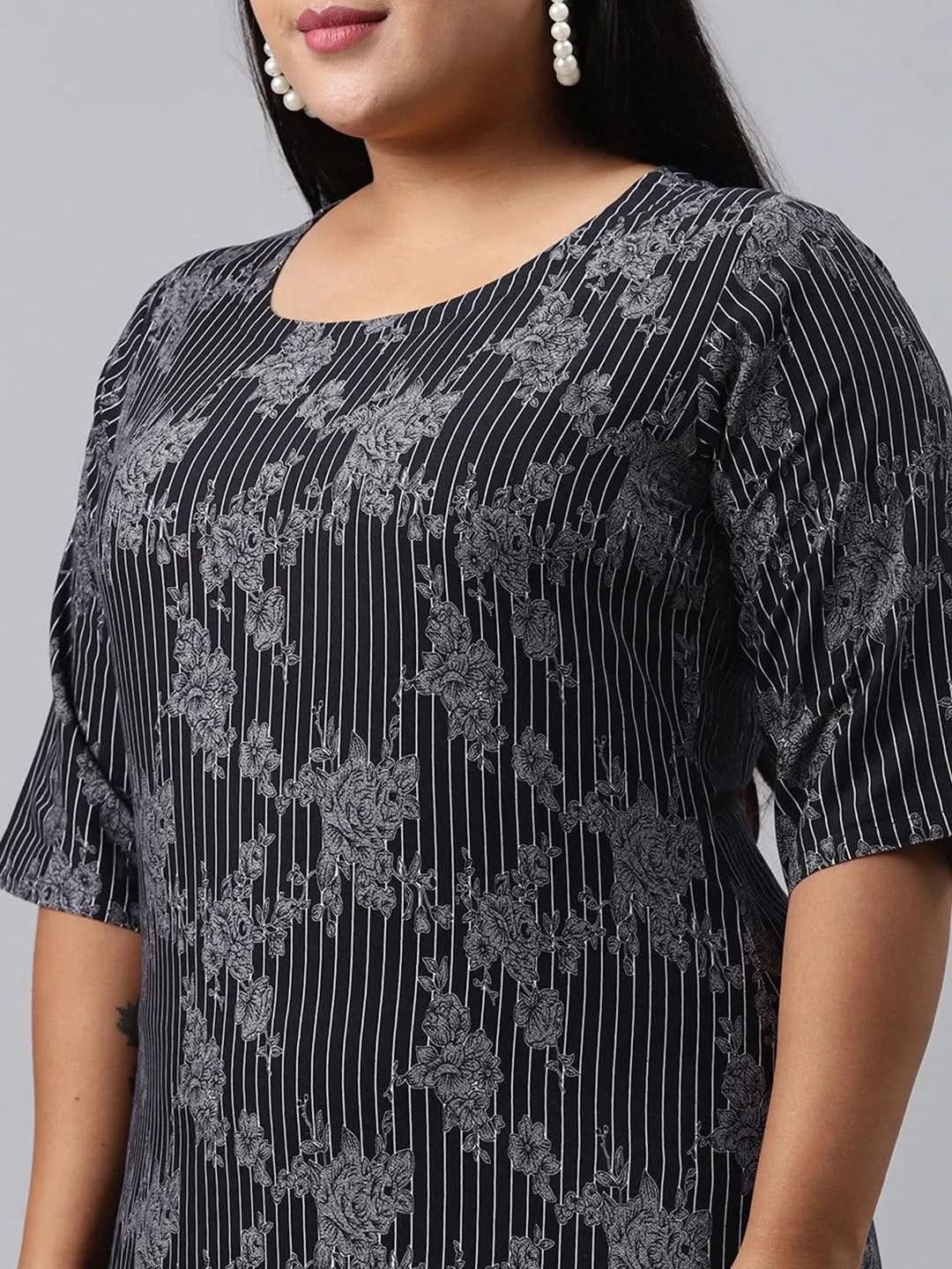Plus Size Blue Printed Rayon Kurta - Libas