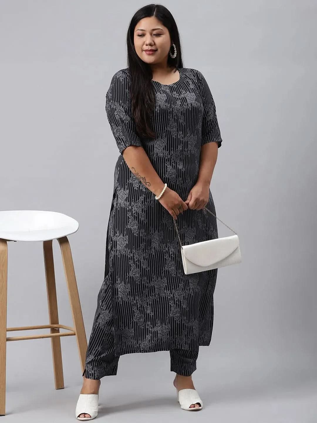 Plus Size Blue Printed Rayon Kurta - Libas