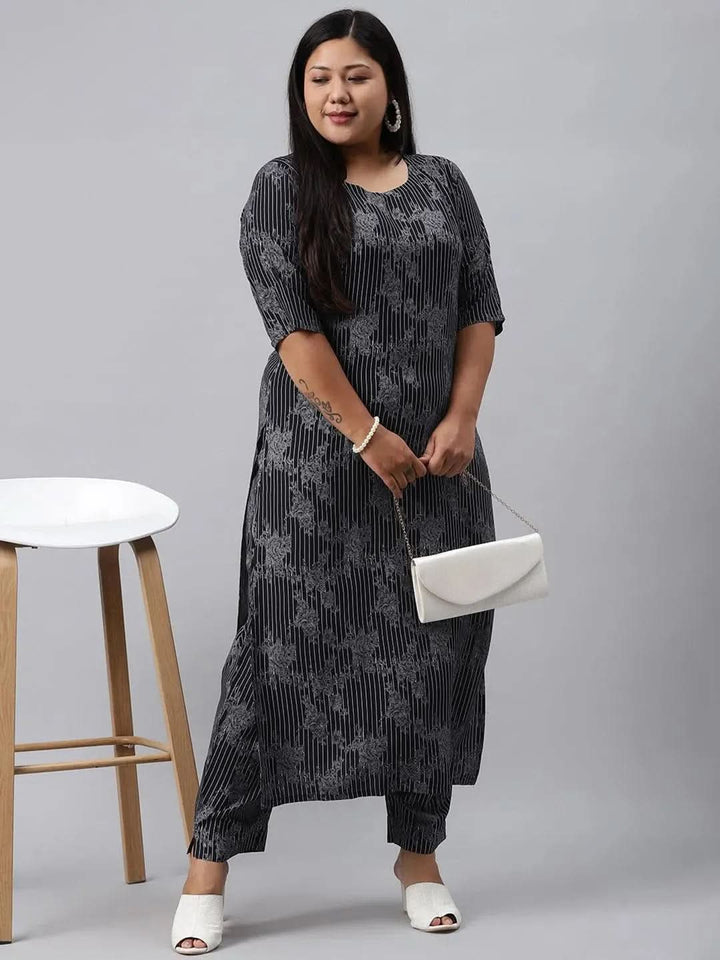 Plus Size Blue Printed Rayon Kurta - Libas
