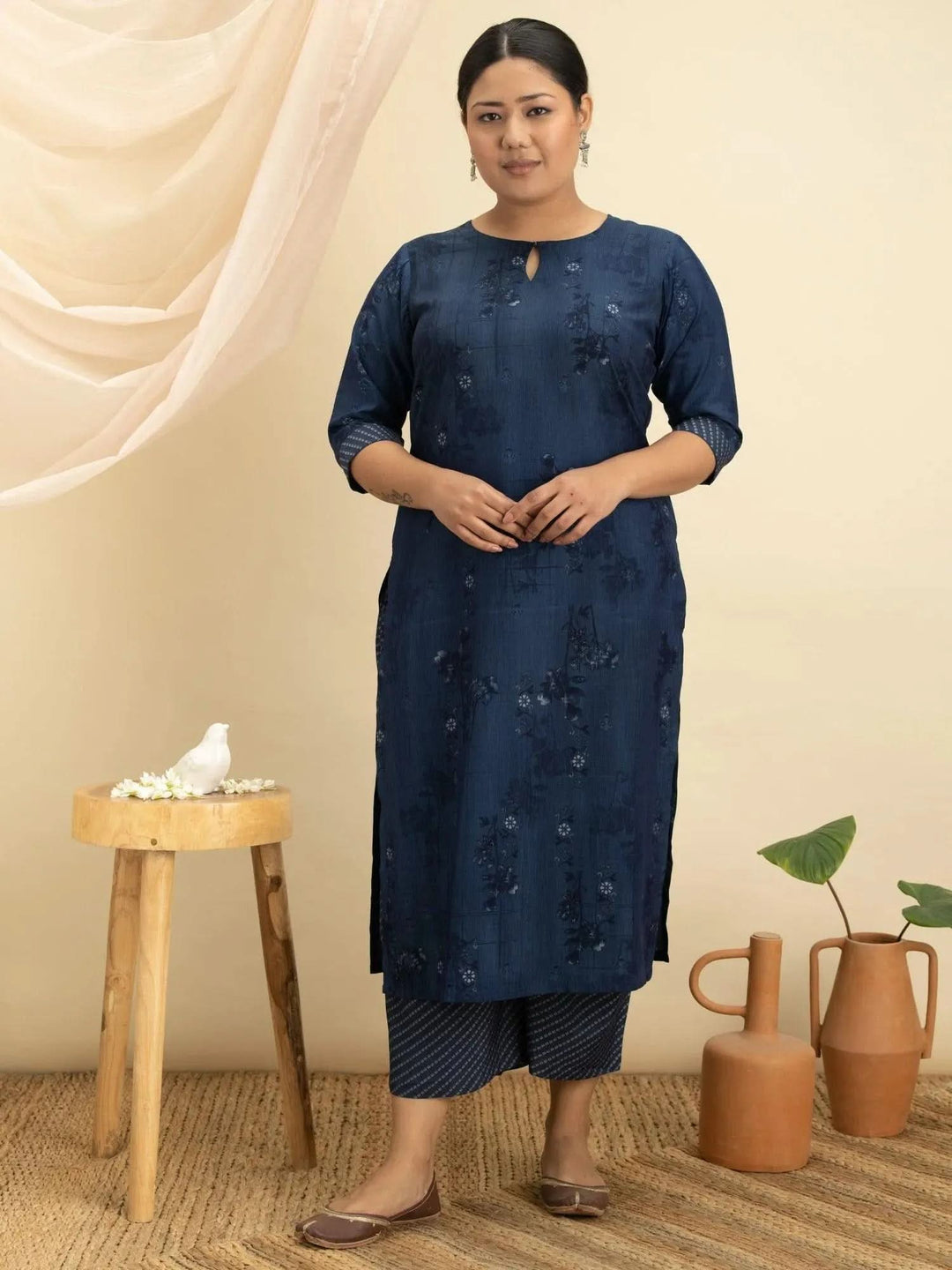 Plus Size Blue Printed Rayon Kurta Set - Libas