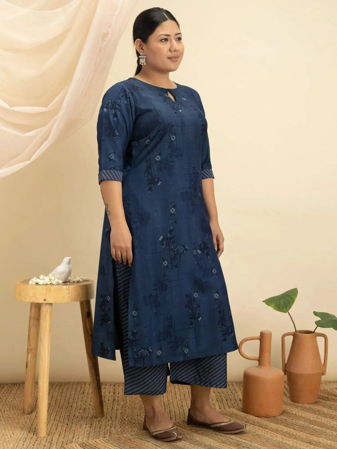 Plus Size Blue Printed Rayon Kurta Set - Libas
