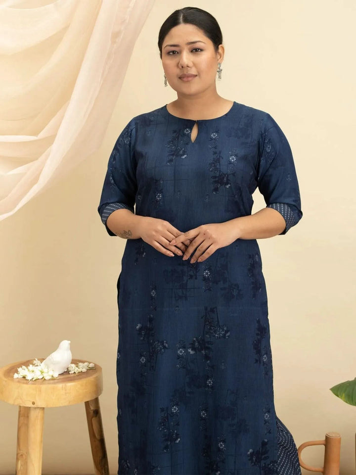 Plus Size Blue Printed Rayon Kurta Set - Libas
