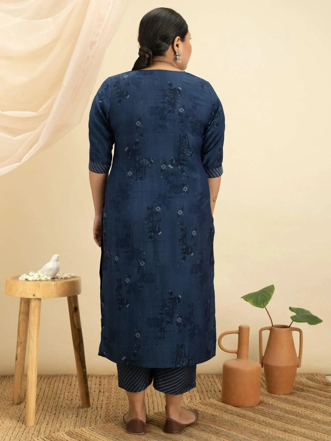 Plus Size Blue Printed Rayon Kurta Set - Libas