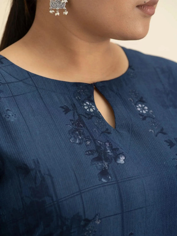 Plus Size Blue Printed Rayon Kurta Set - Libas