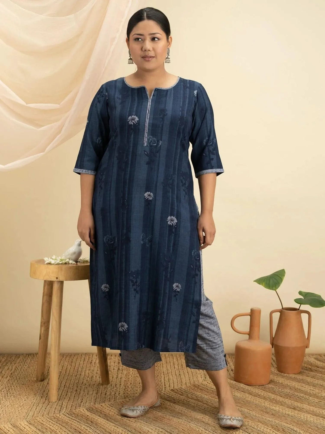 Plus Size Blue Printed Rayon Kurta Set - Libas