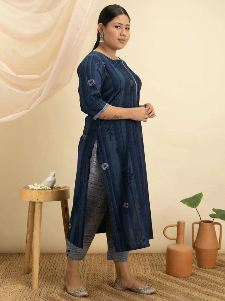 Plus Size Blue Printed Rayon Kurta Set - Libas