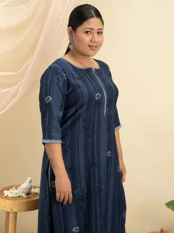 Plus Size Blue Printed Rayon Kurta Set - Libas