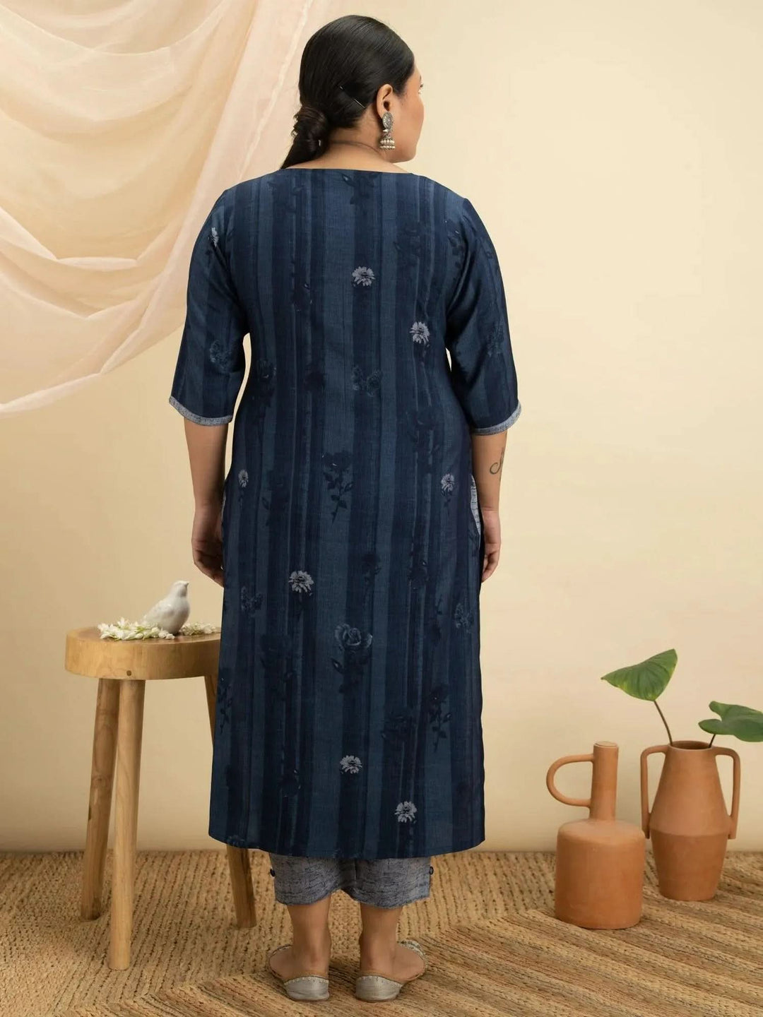Plus Size Blue Printed Rayon Kurta Set - Libas