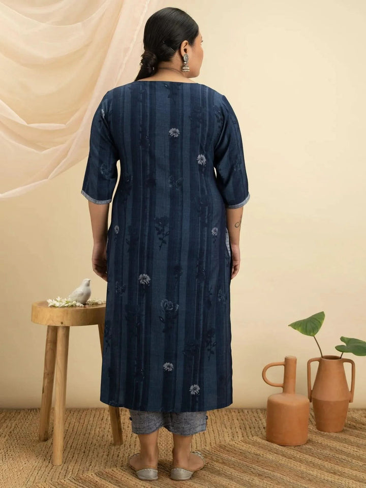 Plus Size Blue Printed Rayon Kurta Set - Libas