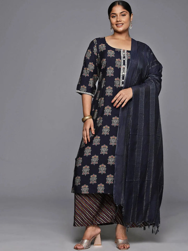 Plus Size Blue Printed Silk Blend Straight Kurta With Palazzos & Dupatta - Libas