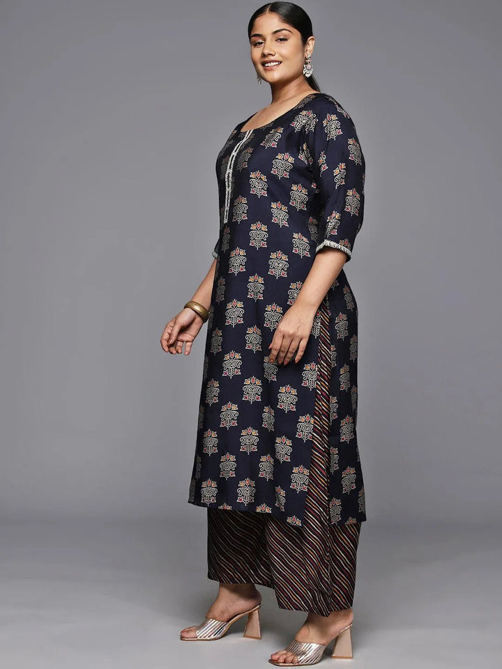 Plus Size Blue Printed Silk Blend Straight Kurta With Palazzos & Dupatta - Libas