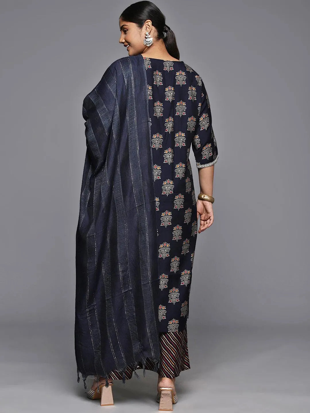 Plus Size Blue Printed Silk Blend Straight Kurta With Palazzos & Dupatta - Libas