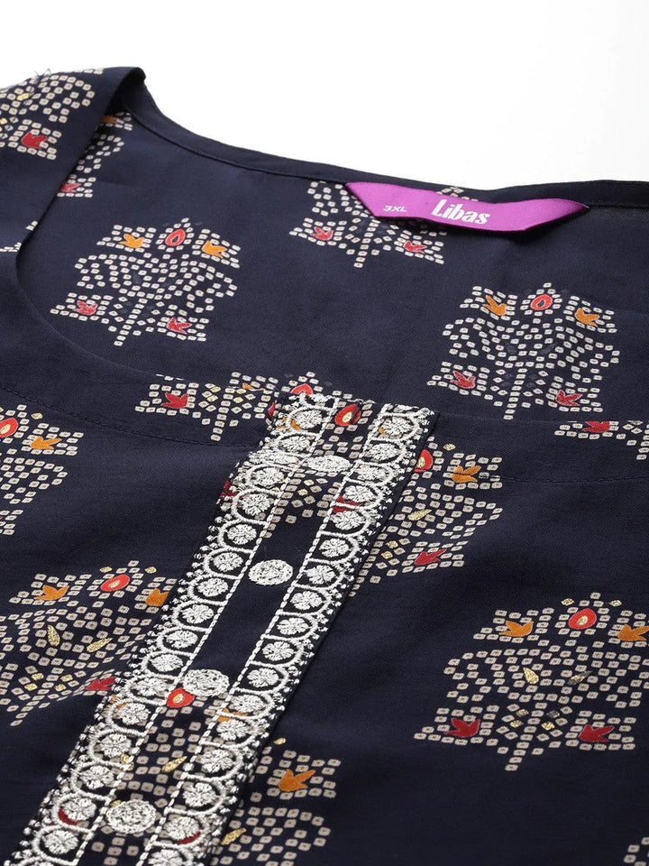 Plus Size Blue Printed Silk Blend Straight Kurta With Palazzos & Dupatta - Libas