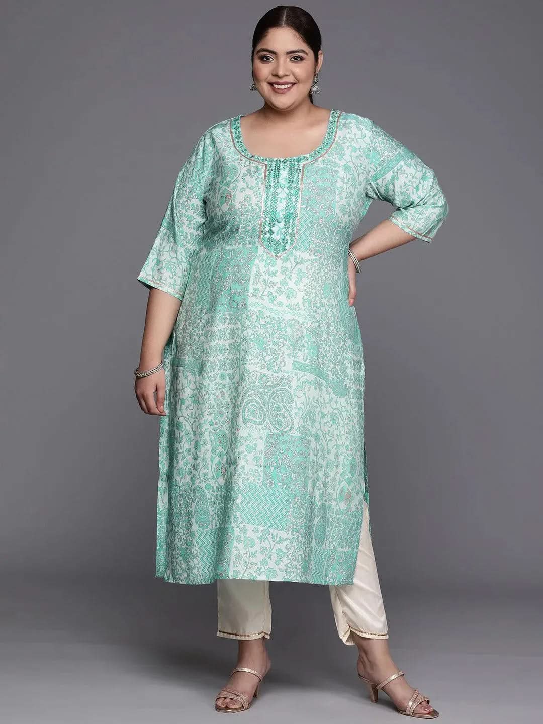 Plus Size Blue Printed Silk Straight Kurta - Libas