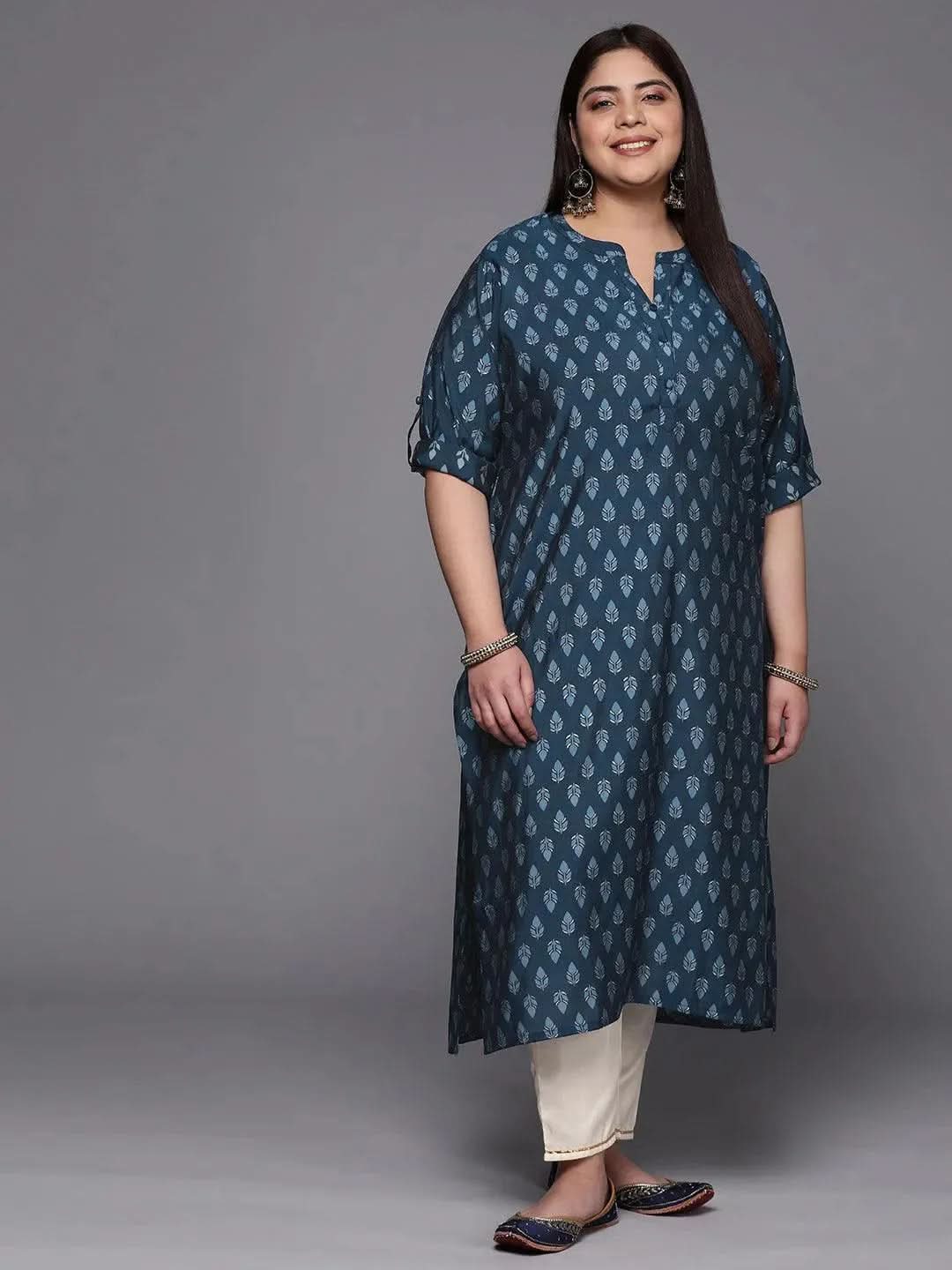 Plus Size Blue Printed Silk Straight Kurta - Libas