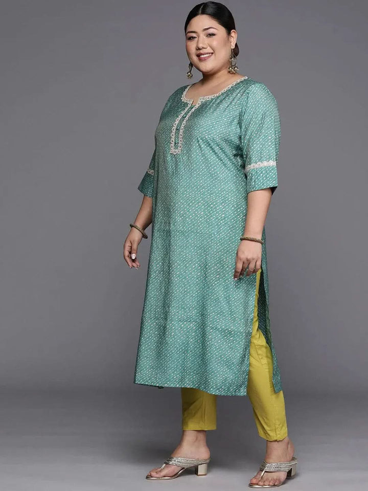 Plus Size Blue Printed Silk Straight Kurta - Libas