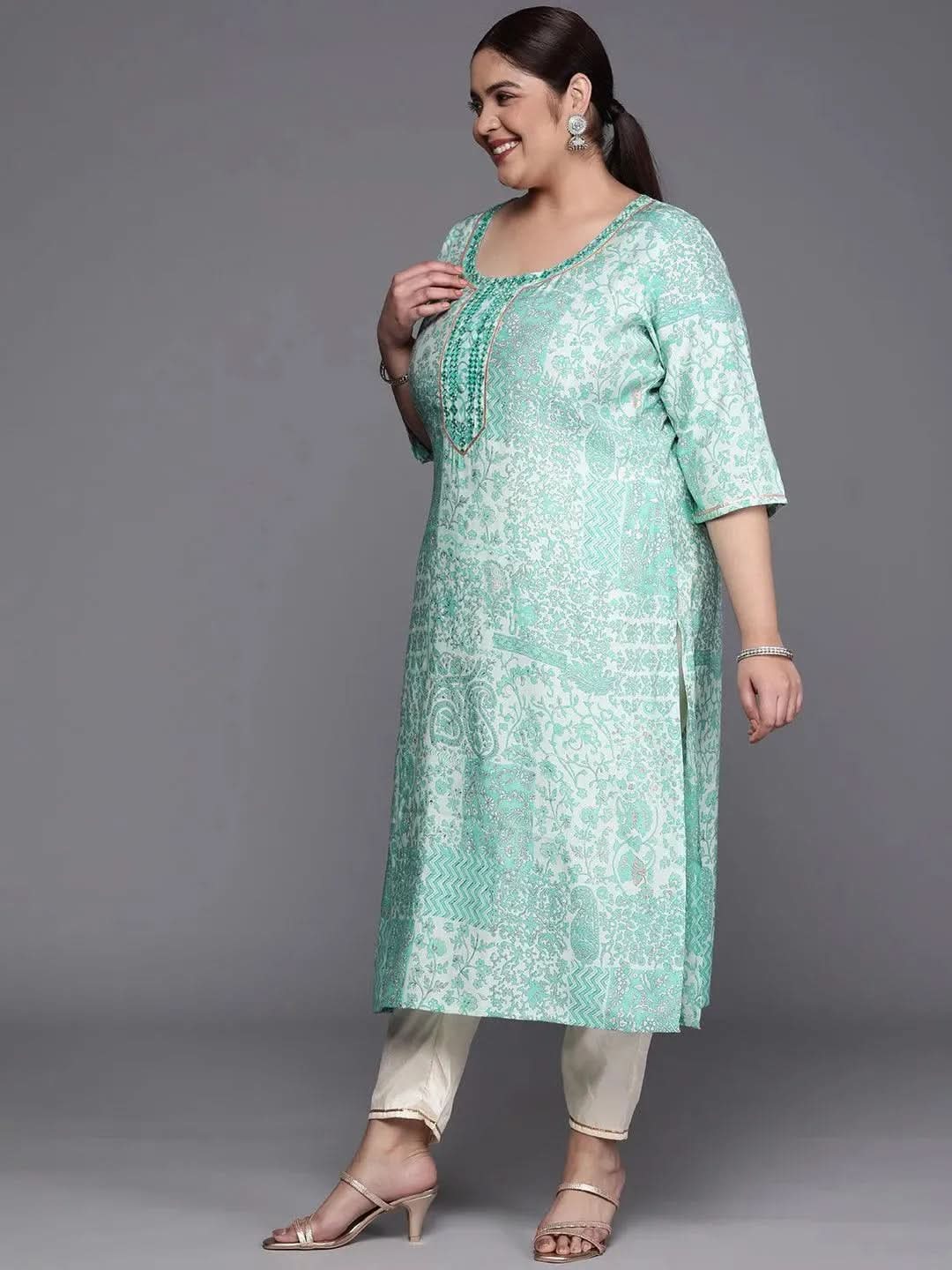Plus Size Blue Printed Silk Straight Kurta - Libas