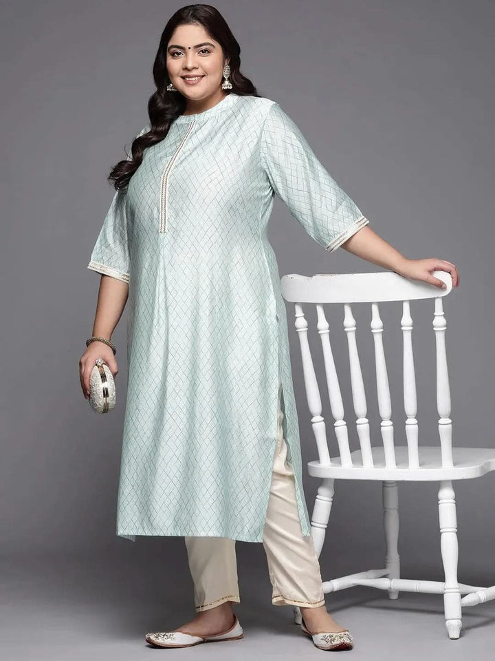 Plus Size Blue Printed Silk Straight Kurta - Libas