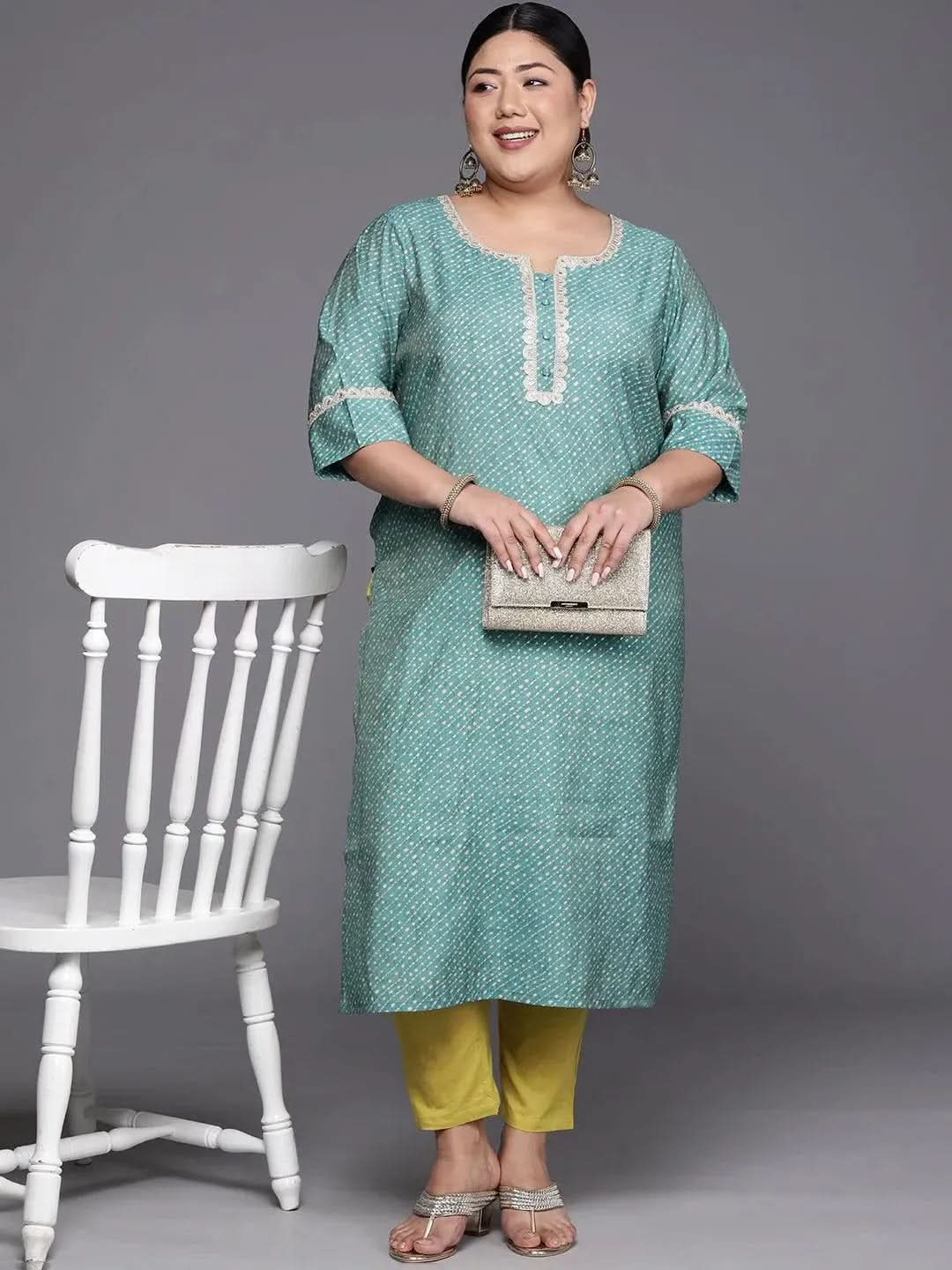 Plus Size Blue Printed Silk Straight Kurta - Libas