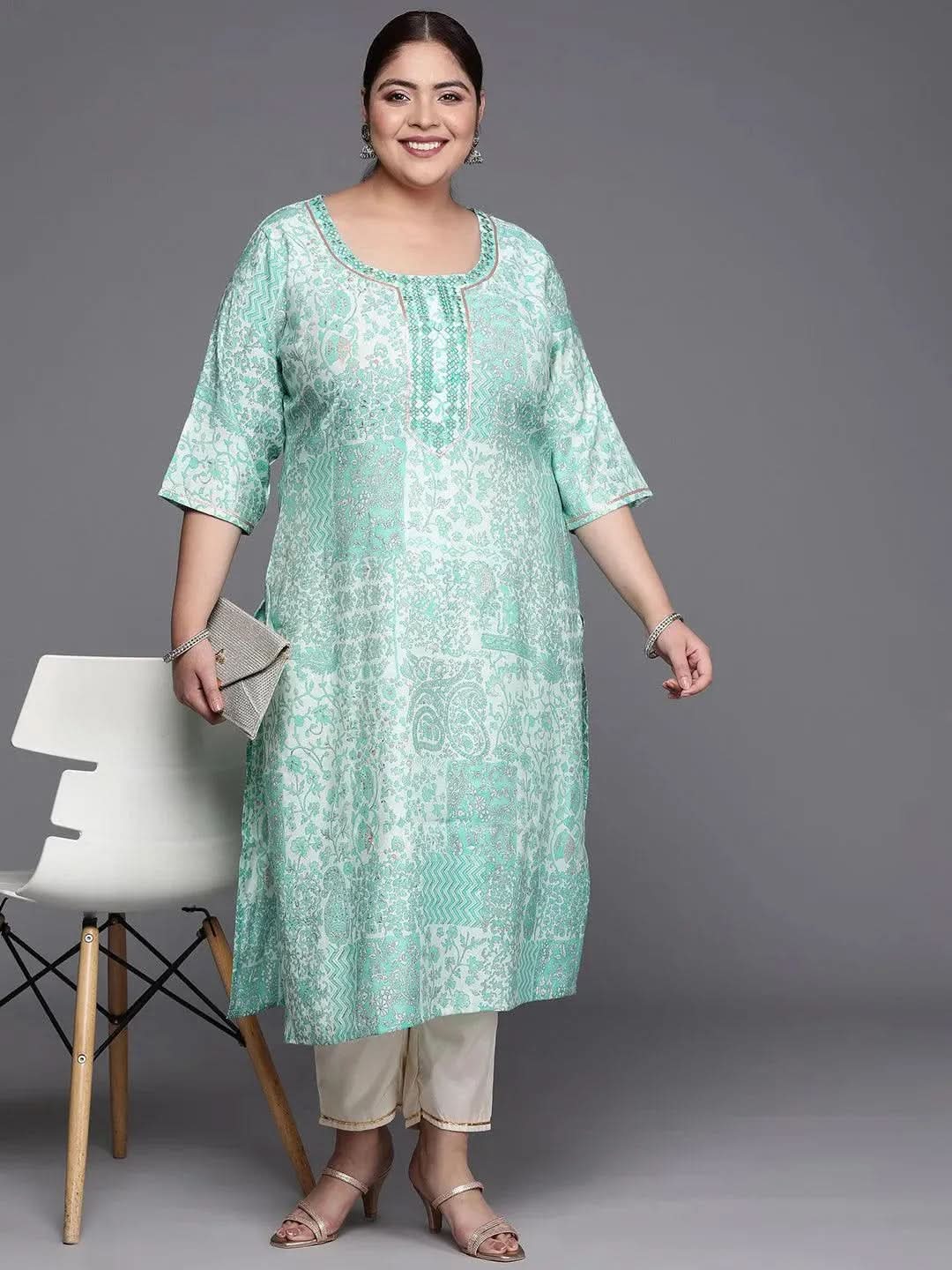 Plus Size Blue Printed Silk Straight Kurta - Libas